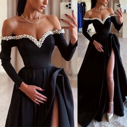 Manches longues Caftan marocain robes de soirée perles noires caftan occasion spéciale Dubaï robe de bal formelle robes de mariée grande taille