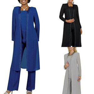 Lange mouwen moeder van de bruid broek pakken plus size 3 stuks chiffon op maat gemaakte avondjurk voor moeder bruiloft gasten jassen