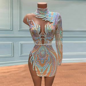 Lange mouwen een schouder sexy kant prom jurken 2022 mini hoge nek Afrikaanse zwarte meisje partij afstuderen jurk BES121