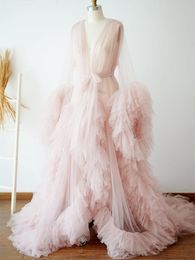 Lange mouwen roze prom jurken 2021 v-hals pure tule ruches Afrikaanse zwangere vrouwen cape moederschap robe formele avondjurken