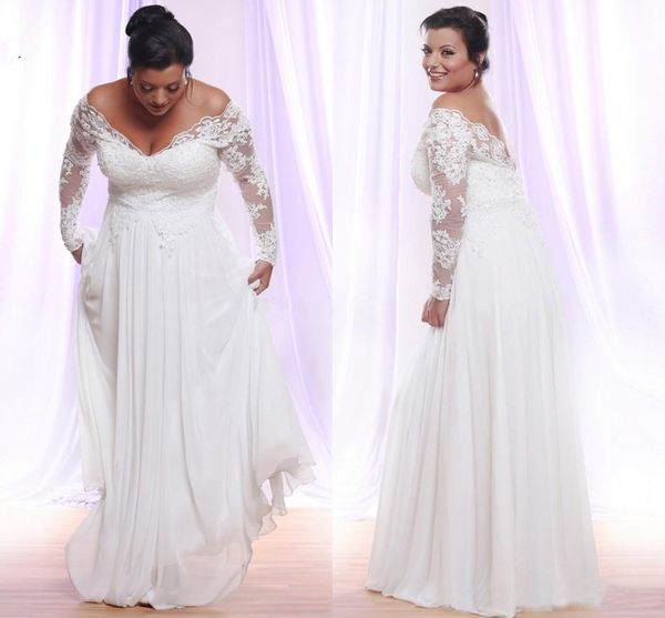 Manches longues, plus la taille des robes de mariée avec col en V profond appliques plage pays robes de mariée hors de l'épaule robes de mariée robe De Novia robe