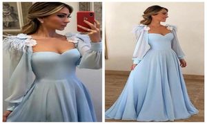 Manches longues robes de bal chérie 2020 Bleu ciel avec fleurs plumes ornées ornées maxi robes de fête de soirée formelle plus taille Cu5752702