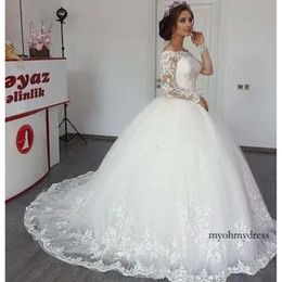 Lange mouwen vintage plus size kanten kogel jurk jurken applique sweep trein trouwjurk bruidsjurken vestido de novia robe 0430