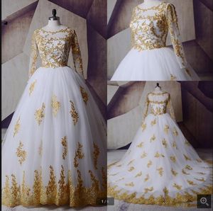 Robes de mariée à manches longues robe de mariée avec dentelle dorée appliques encolure dégagée grande taille vestido de novia sur mesure africain 2022 une ligne illusion