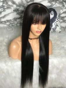 Longs cheveux doux perruque de cheveux humains raide avec une frange courte bob perruques pour femmes noires noir brésilien noir 30 pouces de longue de franges résistantes à la chaleur synthétique