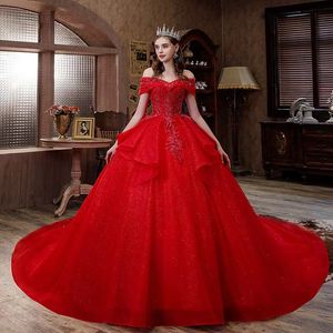 Longue robe de bal en dentelle de cristal scintillant de luxe avec tulle cathédrale train robes de mariée sur mesure luxe arabe dubaï rouge robes De Novia Robe Mariee