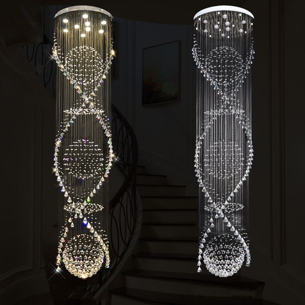 Long Double spirale LED cristal plafonnier K9 cristaux lustre éclairage pluie goutte lampe pour hall escalier escalier Foyer