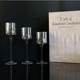 Glazen kaarsenhouder met lange steel - Set van 3 hoge theelichtjes, zilveren craquelé glazen tafelkaarsenhouder Set pijler voor bruiloft, feest, woondecoratie