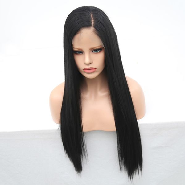 Pelucas delanteras de encaje negro largo y recto para mujeres y niñas, parte libre, peluca de uso de rayita natural prearrancada