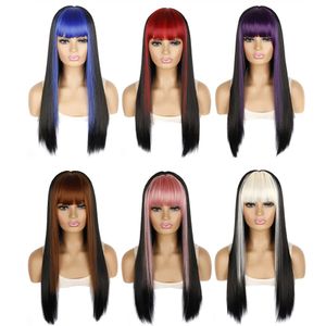 Peluca negra larga y recta con flequillo de colores, pelucas sintéticas para mujer, peluca de Cosplay, pelucas de fibra resistente al calor para mujer