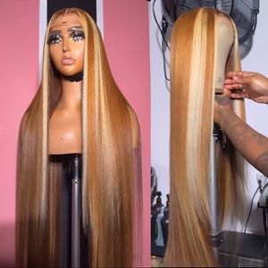 Perruque Lace Front Wig synthétique lisse et longue, cheveux humains colorés, blond miel, à reflets bruns, pre-plucked, pour femmes