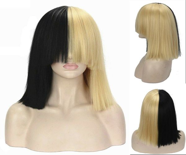 Perruque de Cosplay synthétique longue et lisse, demi-noir, blond, Bob, cheveux à usage quotidien pour femmes