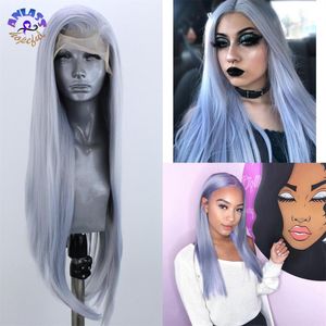 Perruque brésilienne longue droite gris/bleu pour femmes perruques synthétiques avant de dentelle Simulation de cheveux humains Cosplay