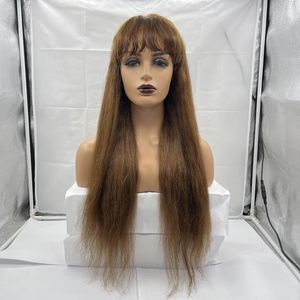 Peluca de cabello humano largo y liso con encaje frontal, 26 pulgadas, 150% de densidad, Color #4 con flequillo para mujer, estilo junio de 2023