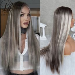 Lange Rechte Lace Front Pruiken Ash Blonde Highlight Wig Ombre Blonde Synthetisch Haar Pruiken Lace Front Pruiken Voor Vrouwen Rechte Hairfactory direc