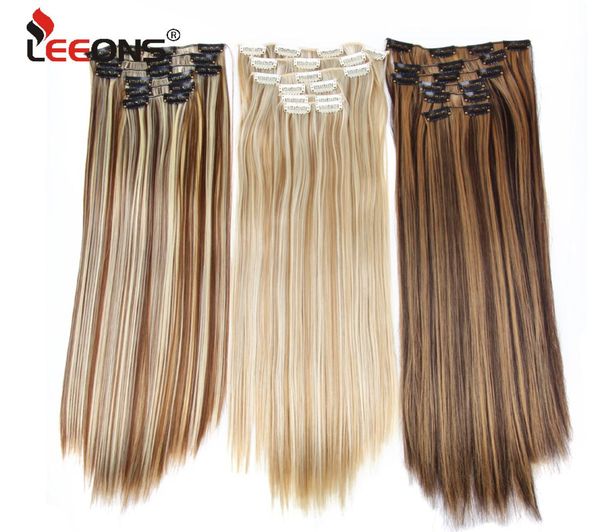 Clips de extensiones de cabello sintético largo y recto, 16 colores, postizo Rubio negro de fibra de alta temperatura para 4303593