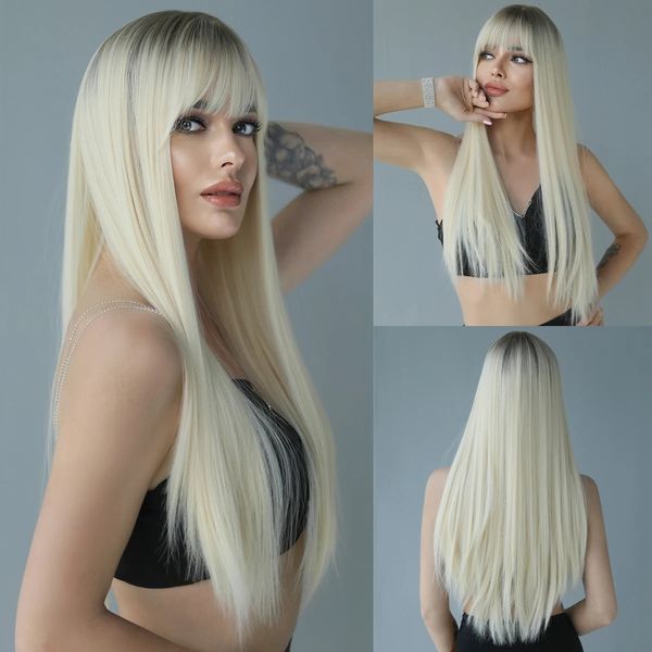 Longue droite ondulée avec une frange cheveux blonds naturels pour la fête de cosplay quotidienne Fibre résistant à la chaleur synthétique 240327