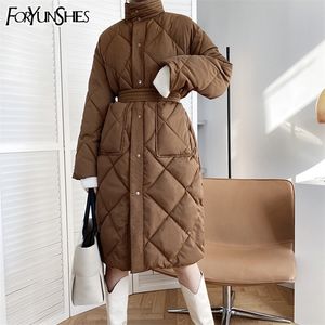 Long Straight Winter Belt Puffer Jacket Manteau Avec Losange Motif Casual Femmes Épais Chaud Parkas Élégant Coupe-Vent Survêtement 201214