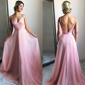 Lange prachtige prom jurken spaghetti riemen v-hals mouwloze open rug a-lijn eenvoudige elegante avond feestjurken met sjerp blozen roze