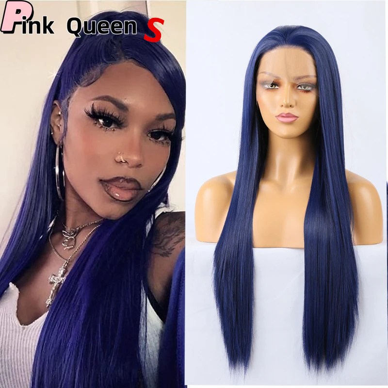 long style Dark blue large lace women chemical fiber perruques 13X4 lace front wig High quality high temperature synthetic laces wigs glueless wig windy