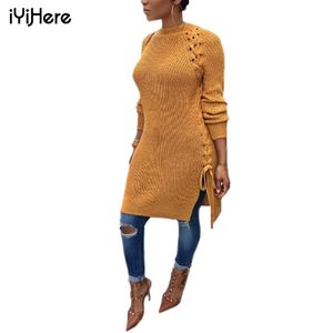 Longue robe de pull à manches longues rond cou rond automne hiverne femme chaude pullouts sweater trou côté sexy divisé lacet up femmes pulls