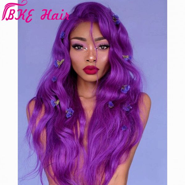 Peluca con malla frontal sintética larga, peluca púrpura de ondas profundas para mujer, peluca de Cosplay Natural de fibra resistente al calor con parte lateral