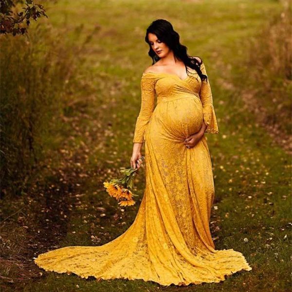 Vestidos de maternidad de encaje de cola larga para baby shower vestido de vestir embarazada bata grosse fotografía x0902