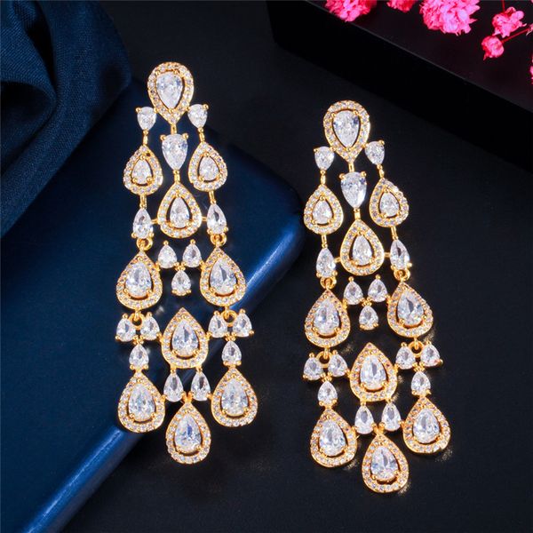 Borla larga Pendientes de oro de 18 quilates Diseñador para mujer Fiesta AAA Cubic Zirconia Cobre Diamante Plata Pendientes de boda nupciales para mujer Joyería de lujo Regalo de aniversario