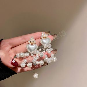 Boucles d'oreilles longues à pampilles, Style coréen, cœur d'amour, grandes perles pendantes, pour femmes et filles, bijoux cadeaux de noël