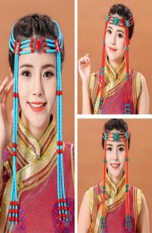 Lange kwast Mongoolse kostuumaccessoires vrouwen festival feesthoofdtooi mooie dansende haaraccessoires prinses cosplay headw3092677