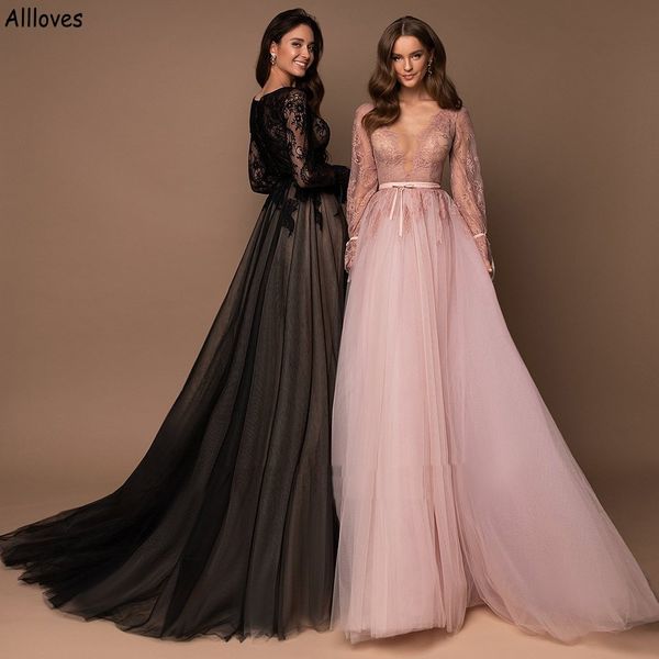 Tul negro gótico Una línea Vestidos de noche Ilusión Mangas largas Delicado encaje Prom Vestidos formales Sexy Cuello en V profundo Mujeres Ocasión especial Vestido de fiesta Batas CL2397