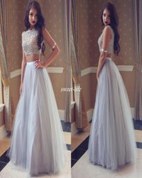 Long Tulle Aline Prom Vestidos de dos piezas Cristales Beading sin mangas completo 2019 Sexy College Homecoming Dress Vestido 6221381