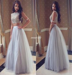 Long Tulle Aline Prom Robes Two Piece Crystals Per perle