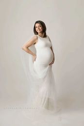Lange Tule Cape moederschap fotografie lange jurk baby shower rekbare witte jurk mouwloze zwangerschap vrouw fotoshoot jurk