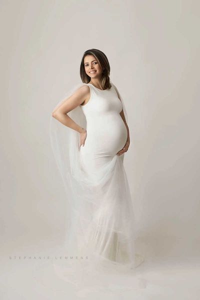 Vestido largo de tul con capa para fotografía de maternidad, vestido largo elástico para Baby Shower, vestido blanco sin mangas para sesión de fotos de mujer embarazada