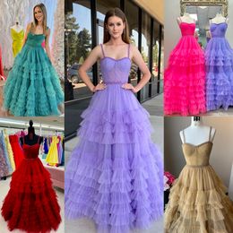 Lange tule prom jurk ruches layer ballgown dame pageant prom lente winteravond hoco gala cocktail rode loper jurk speciale gelegenheid zoet 15/16 korset bustier