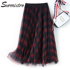 Longue jupe en Tulle femmes pour printemps été Style coréen rouge vert noir Plaid plissé taille haute Midi femme 210421
