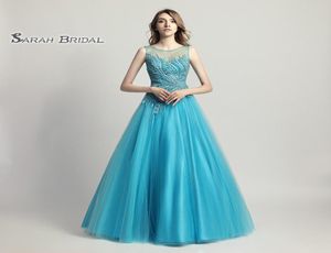 Lange turkoois baljurk kralen tule feestjurk elegant backless vestidos de festa avond gelegenheid backless quinceanera g4087241