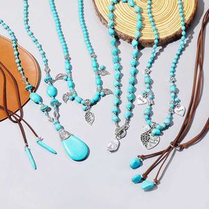 Lange turquoise hanger ketting Boheemse nationale natuurlijke turquoise ketting vrouw