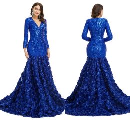 Long Vintage manga Bury Royal Blue Prom Vestidos Sexy Mermaid V Neck Ruched Lace Flores Vestidos nocturnos Vestidos Formal BM3305 Estidos Estidos Estidos