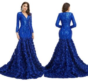 Lange vintage mouw Bury Royal Blue Prom Dresses Sexy Mermaid V Nek Ruched Lace Flowers avondjurken Formele OCN Vestidos BM3305 Estidos Estidos Estidos