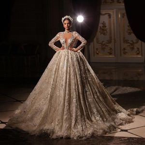 Lange vintage mouw trouwjurken kanten appliques Arabia bruidsjurken pailletten kralen aanpassen Vestido de novia