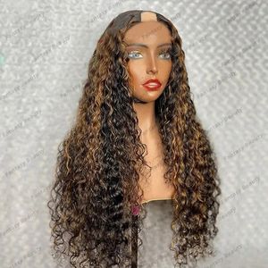 Pelucas de cabello humano virgen 100% rizado largo con agua, pelucas ajustables con parte en U para mujeres negras, pelucas largas suaves rubias marrones con parte 1x4 V