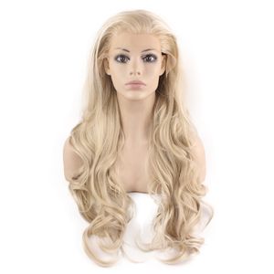 Perruque de Cheveux Synthétiques Longue Ondulée Blond Cendré Naturel Lace Front