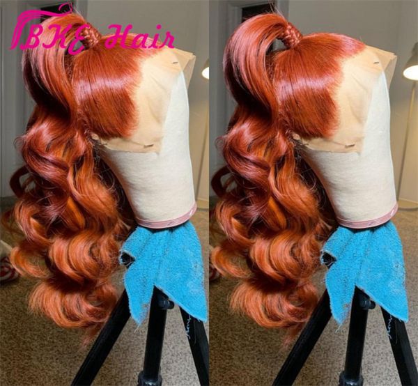 Long Wavy Auburn Orange Color Wigs Simulation naturelle dentelle de dentelle de poils humains pour les femmes résistantes à la chaleur Cosplay sans glué