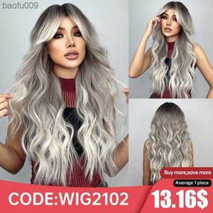 Largo ondulado gris ceniza marrón rubio Ombre pelucas sintéticas con flequillo Cosplay peluca de pelo rizado natural para mujeres Afro resistente al calor L230520