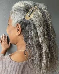 Peluca de cola de caballo de cabello humano gris ondulado largo, sal y pimienta, reflejos naturales, peinado de cola de caballo para mujeres mayores, envuelve la extensión de cola de caballo 120 g