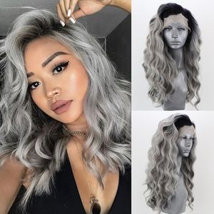 Longue Ondulée Lace Front Perruque Ombre Gris Deux Tons Haute Température Fibre Cheveux Perruques Synthétiques pour Femmes Cosplay