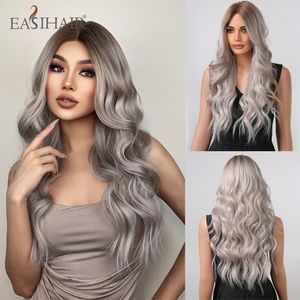 Perruques synthétiques longues ondulées perruques de vague naturelle blonde platine pour les femmes quotidiennes faux cheveux gris argenté cendré résistant à la chaleur usine directe