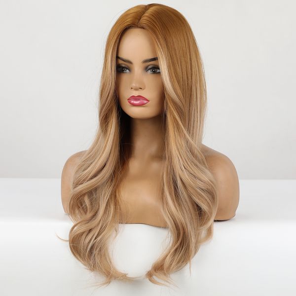 Perruques longues ondulées pour femmes, perruque synthétique avec raie centrale ombrée jaune marron à reflets blond cendré, perruque de fête de Cosplay résistante à la chaleur Fibrefactory direct